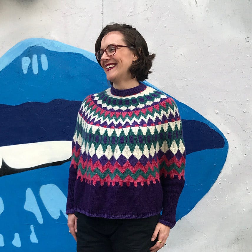 AskFlossie founder Claire Hunsaker knit that totally 90's sweater.