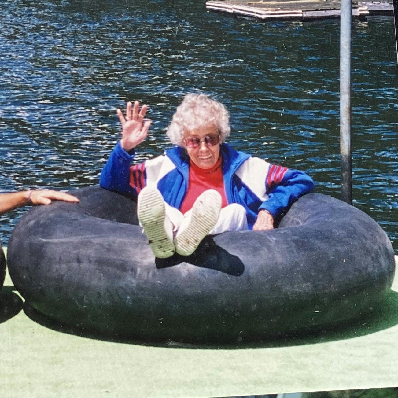 Grandma Flossie, kicking it in an inner tube